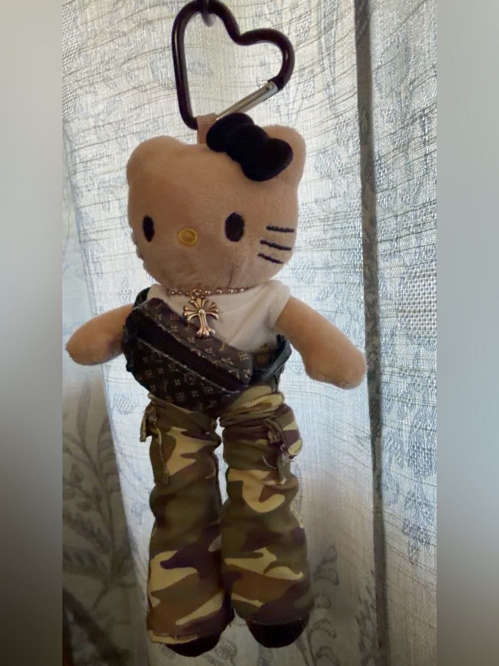 Hello Kitty Tan Plush Keychain with Black Bow and Camo Pants - Picture 4 of 4